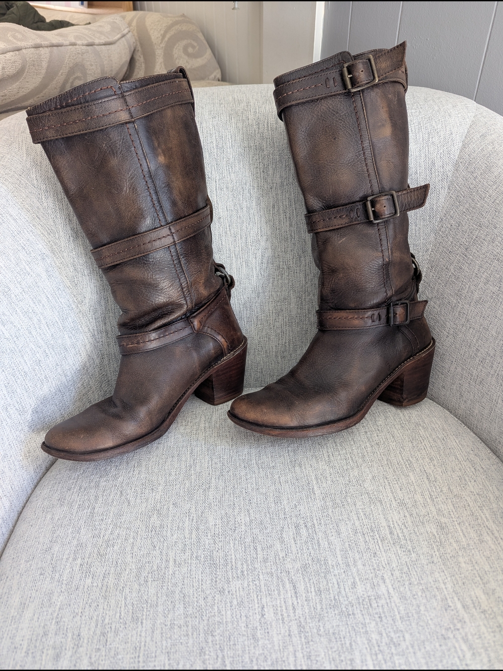 Frye Distressed Brown Leather Mid-Calf Buckle Heeled Boots